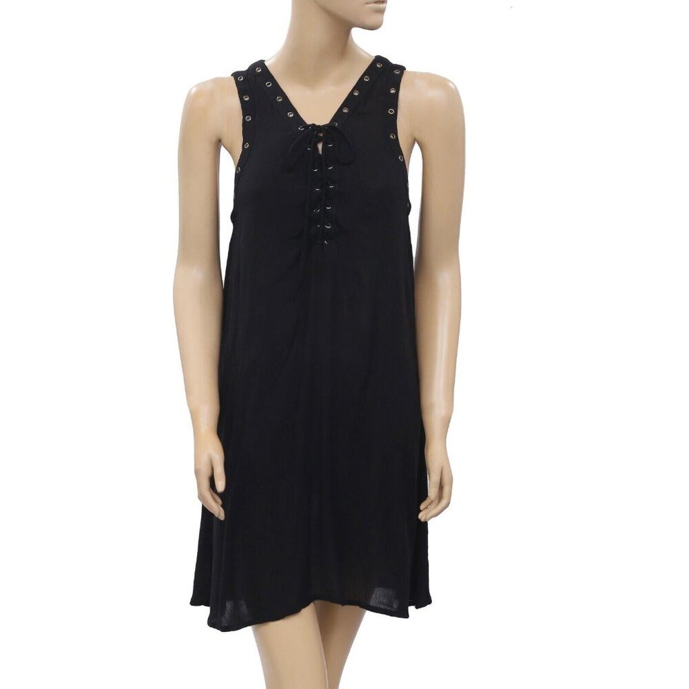 Miss Shop Studded Black Lace up Tank Mini Dress Beach Sleeveless M-8 NWT